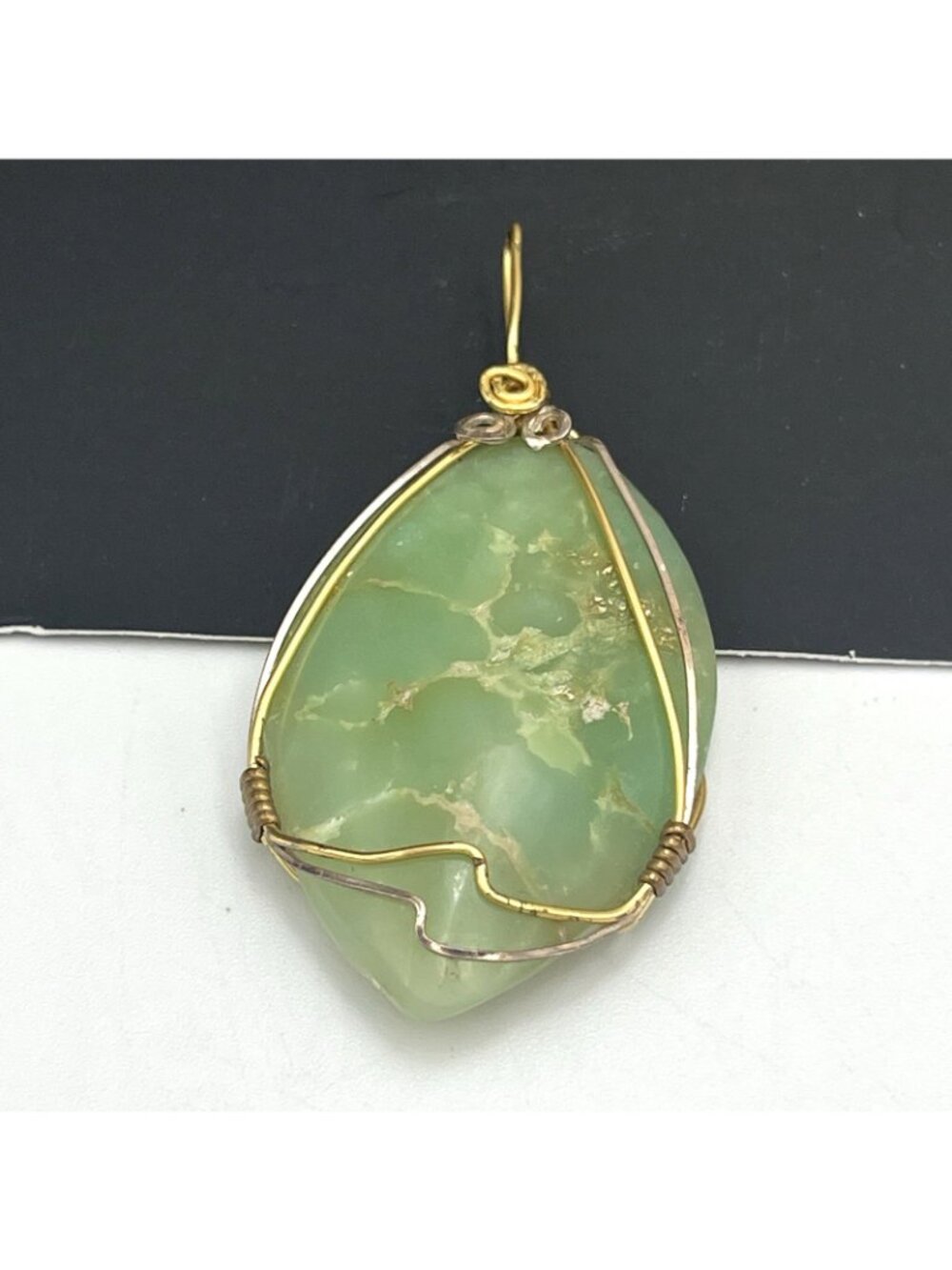 Large Green Stone Gold Tone Wire Wrapped Pendant Artisan Statement Bohemian 2.5" - Picture 2 of 10
